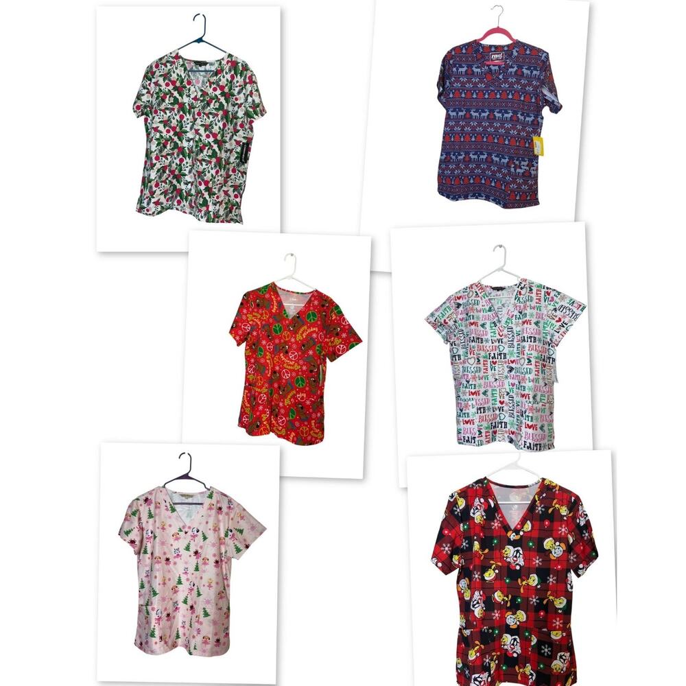 Cassandra O Womens Holiday Print Scrub Top Short Sleeve Multi Large Lot 6 4209